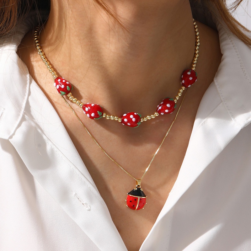 Red 1 Oil Drop Strawberry Beaded Necklace (4mm)