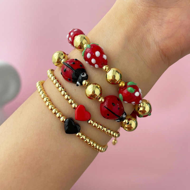 Red 1 Oil Dripping Strawberry Beaded Braided Bracelet (4/10mm)