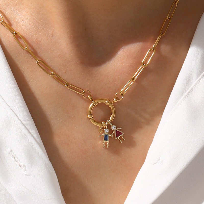 Gold Titanium Steel Inlaid Zirconium Cartoon Ring Buckle Necklace