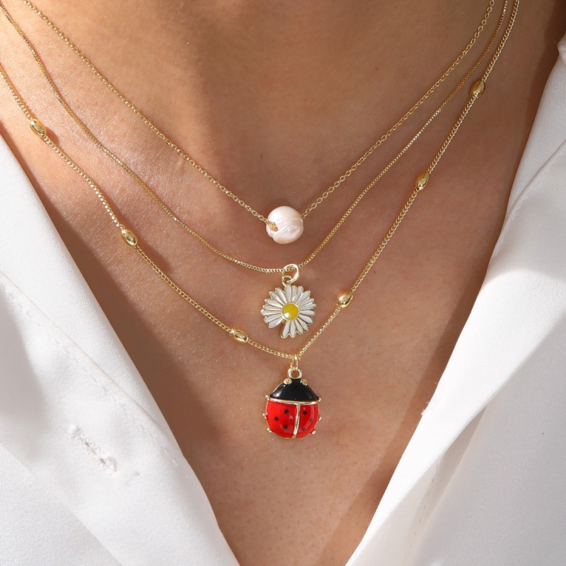 Gold 1 Oil Dripping Ladybug Beaded Copper Necklace (medium)