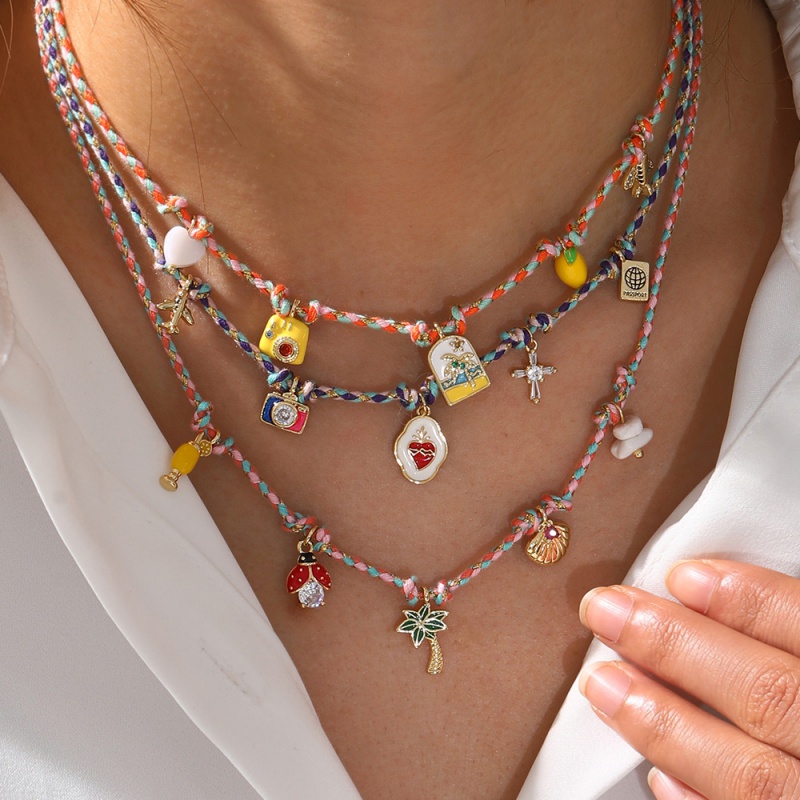 Color 1 Copper And Zircon Oil-dripped Ladybug Coconut Tree Braided Necklace