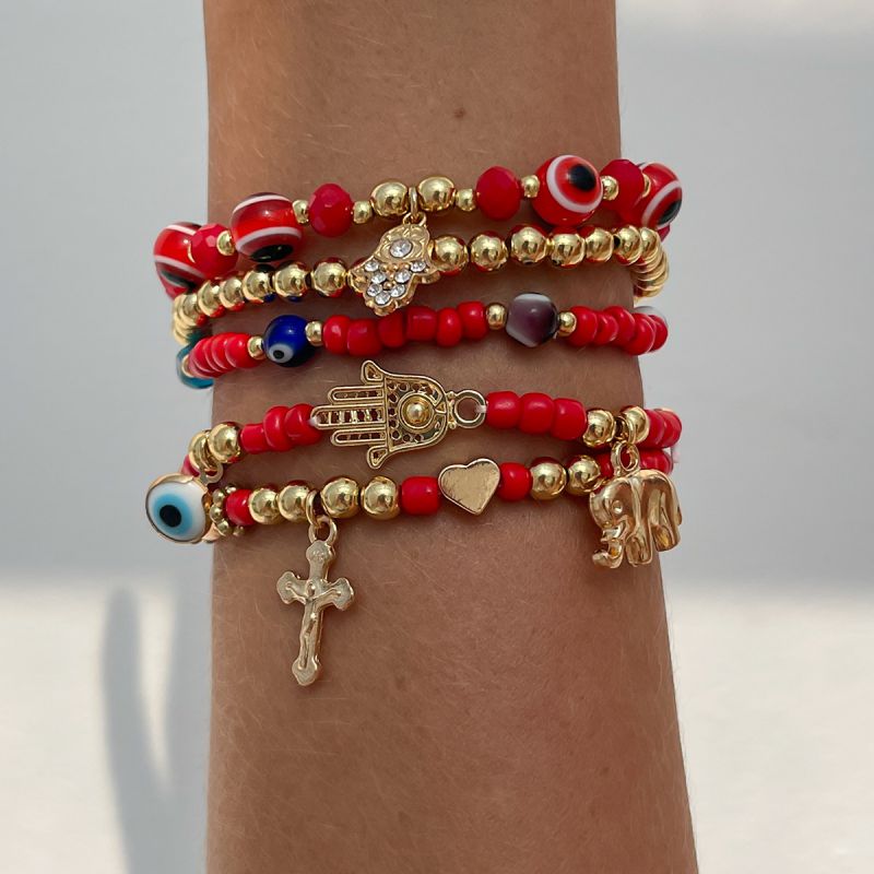 Red Alloy Geometric Beaded Eye Cross Bracelet Set