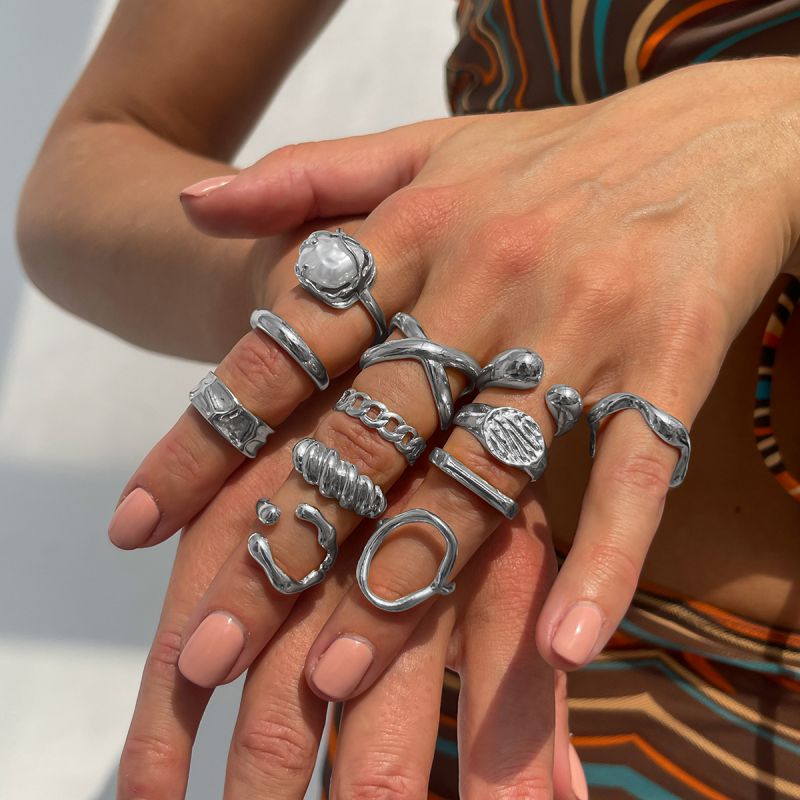 Juego De Anillos Irregulares Geométricos De Aleación
