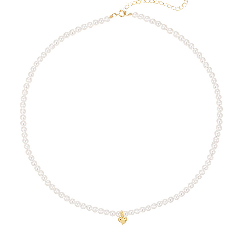 Gold-4mm Silver Pearl Beaded Heart Necklace