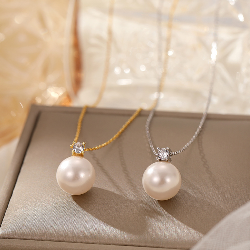 White Gold-gray Beads Silver And Diamond Pearl Necklace