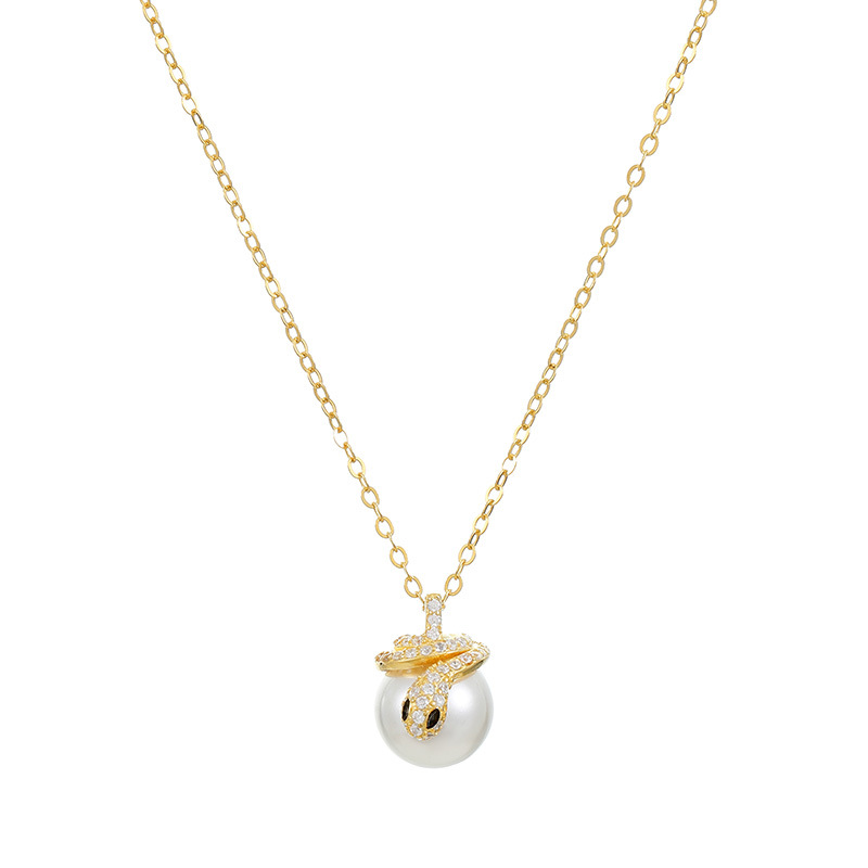 Gold Silver Diamond And Snake Pearl Necklace
