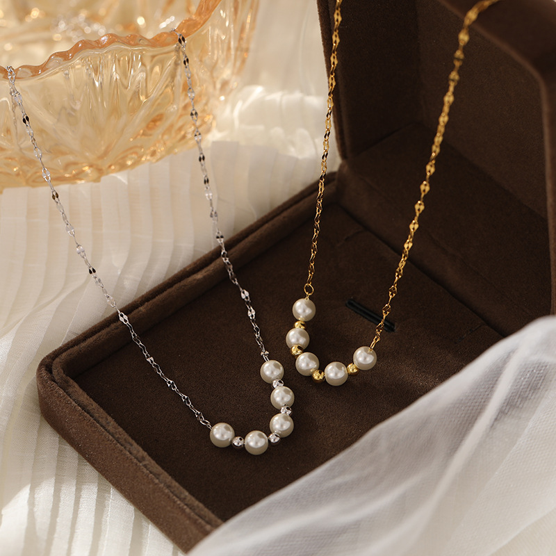 【silver Plated With Gold】 Silver Pearl Beaded Necklace