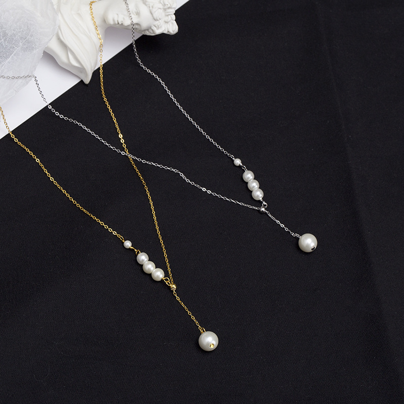 Gold Silver Pearl Beaded Y-shaped Necklace