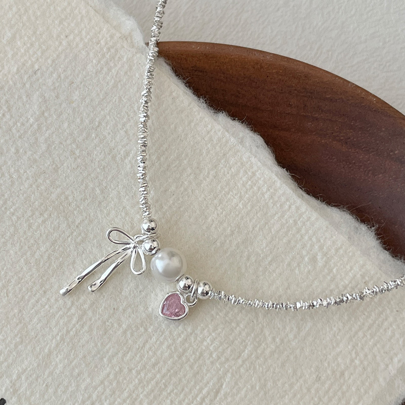 Silver Silver Beaded Heart Bow Necklace