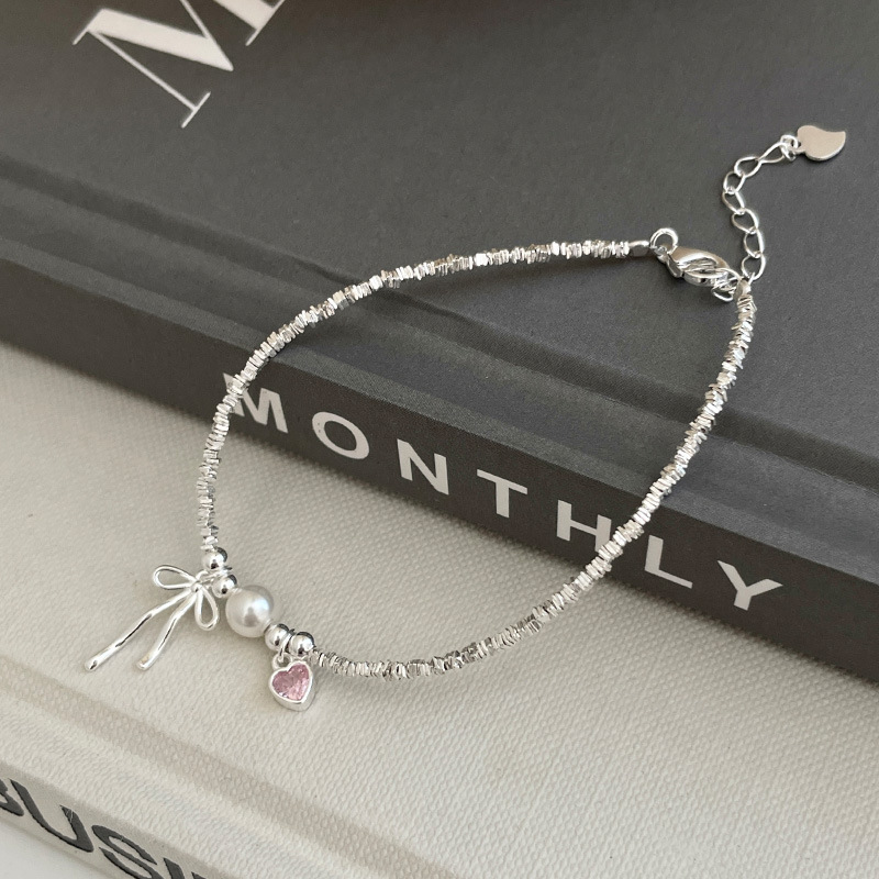 Silver Silver Beaded Diamond Heart Bow Bracelet
