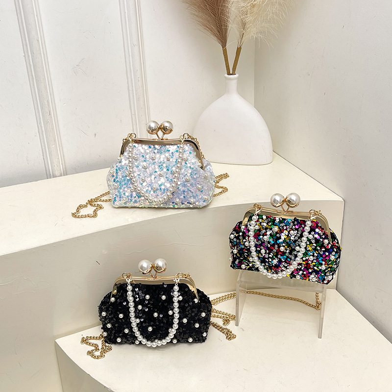 Bolso Bandolera Con Hebilla De Clip Y Lentejuelas Con Cuentas De Perla