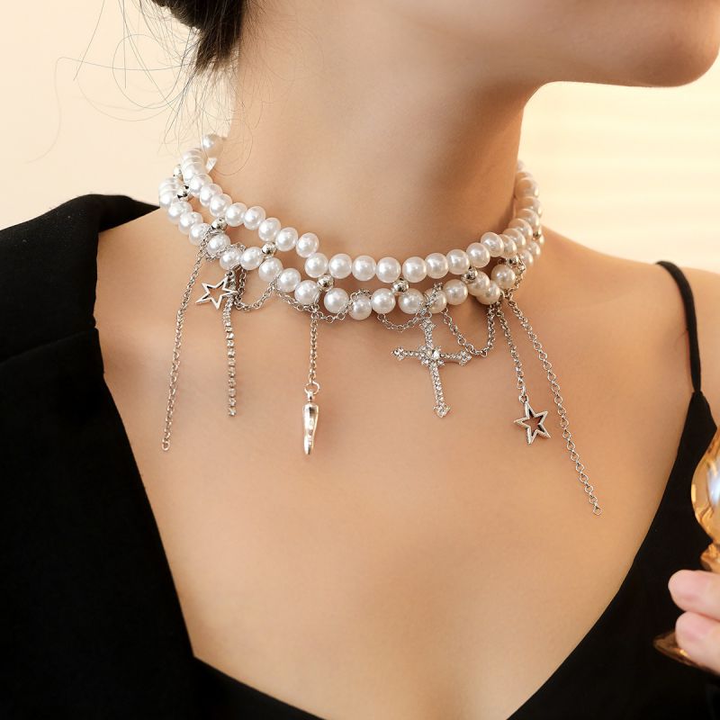 Collar De Cruz Con Cuentas De Perlas