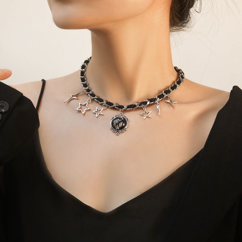 Black Alloy Bat Five-pointed Star Geometric Necklace