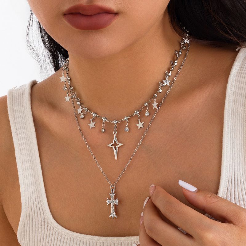Steel Color-cross Alloy Diamond Cross Star Double Layer Necklace