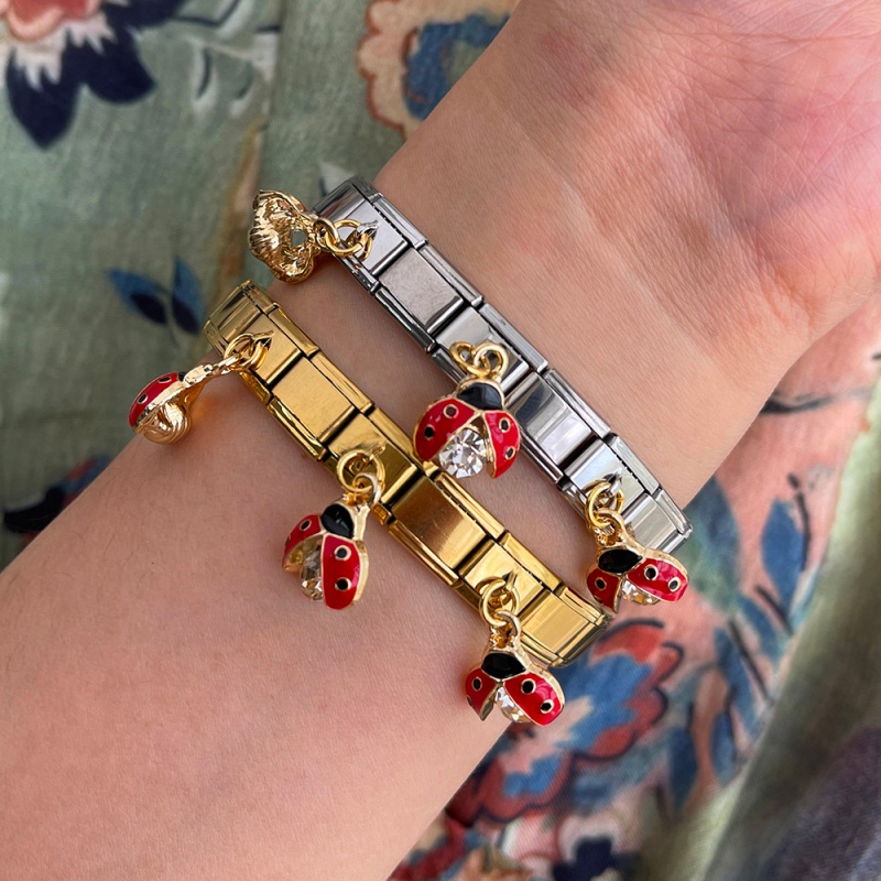 Silver Zirconium-inlaid Oil-drop Ladybug Square Titanium Steel Module Bracelet