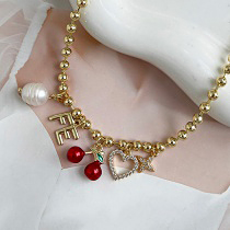 Gold Copper Inlaid Zircon Heart Cherry Freshwater Pearl Beaded Necklace (4mm)