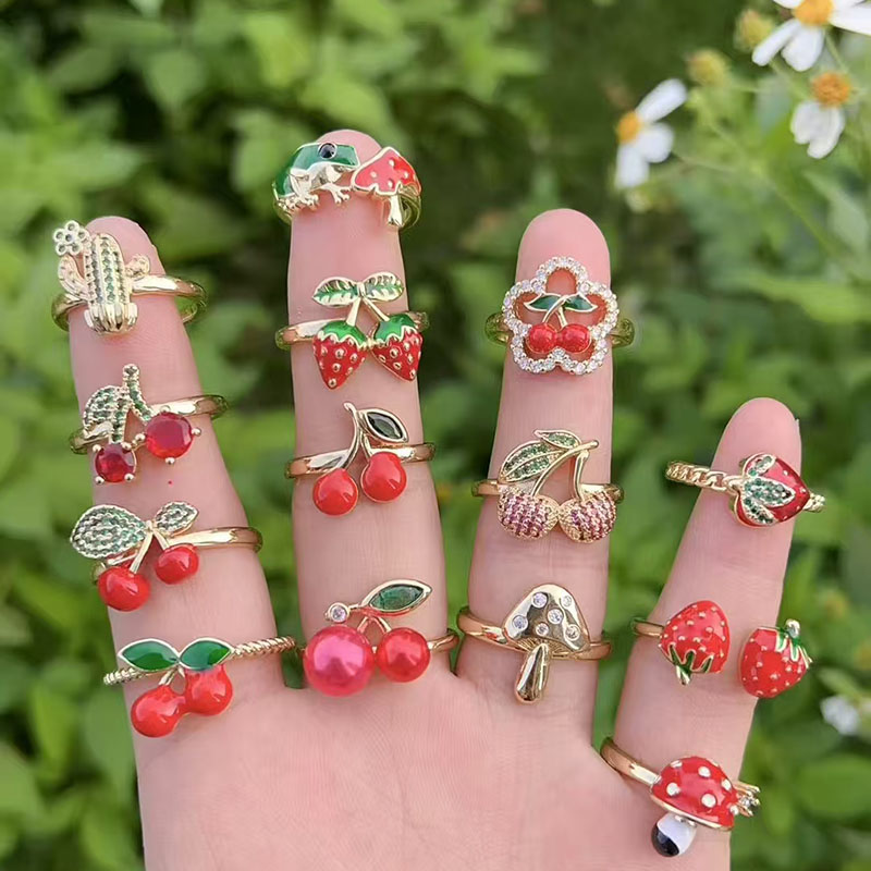 Anillo De Oro Con Diamante Y Forma De Cactus Cereza Y Seta Bañado En Cobre