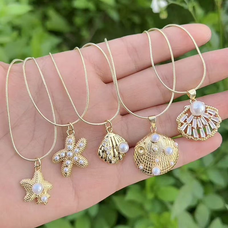 Collar De Concha De Estrella De Mar Con Diamantes Bañado En Oro Y Cobre