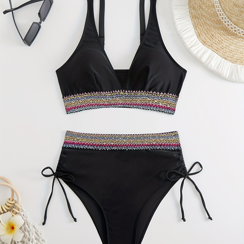 Black Polyester High Waist Two Piece Swimsuit