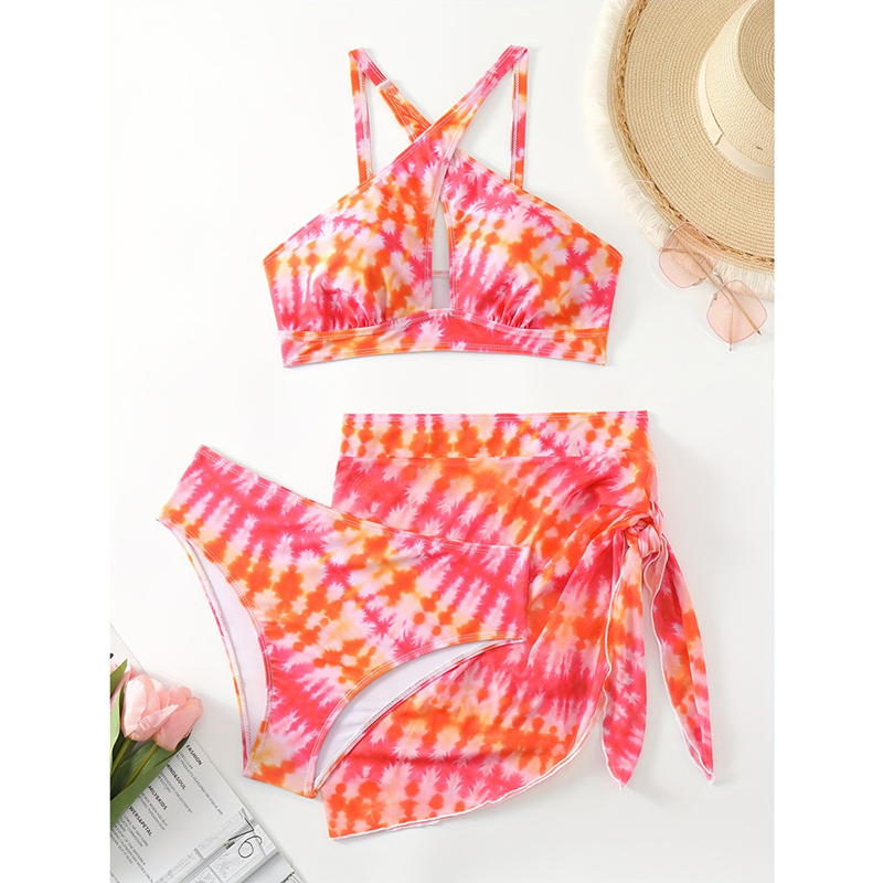 Watermelon Red Polyester Printed Halter Neck Two-piece Swimsuit Knotted Beach Dress Set