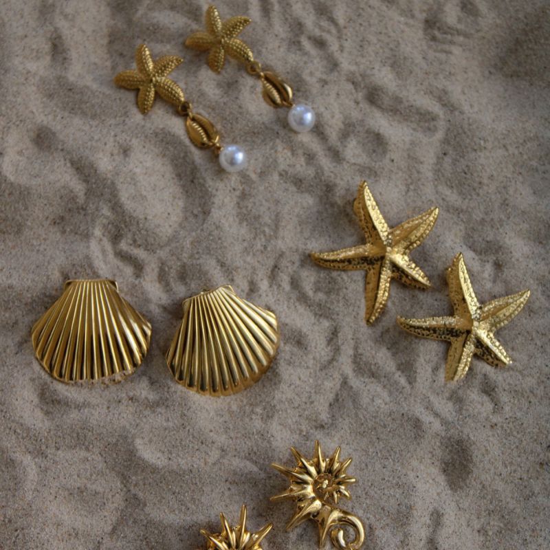 Pendientes Geométricos De Perla Estrella De Mar Y Concha Bañados En Oro Y Cobre