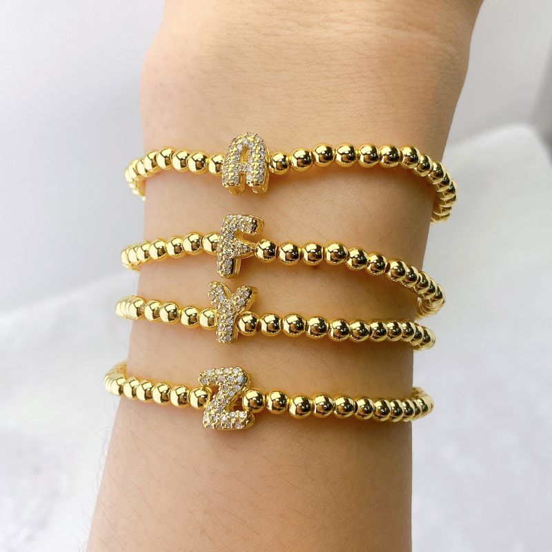 Gold Z Copper Beaded Diamond 26 Alphabet Bracelet