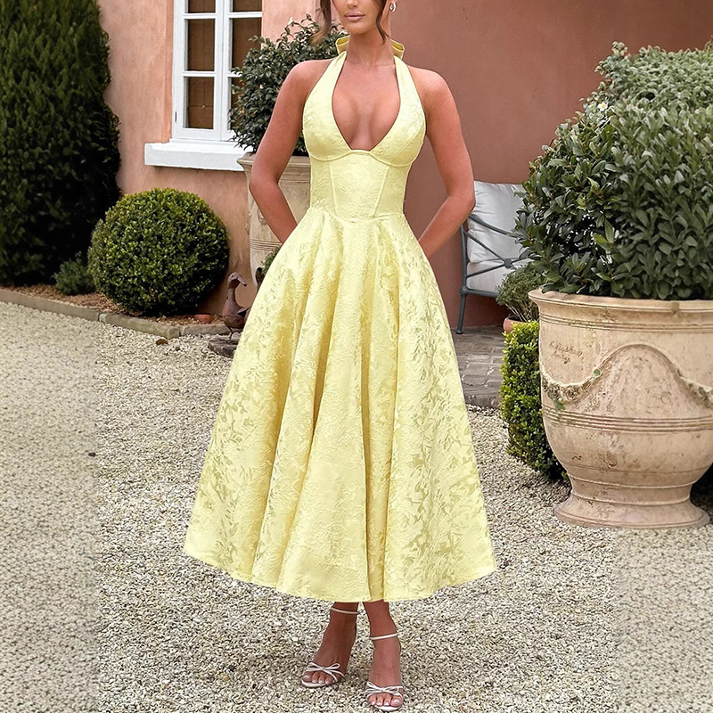Yellow High Quality V-neck Halter Neck Jacquard Dress