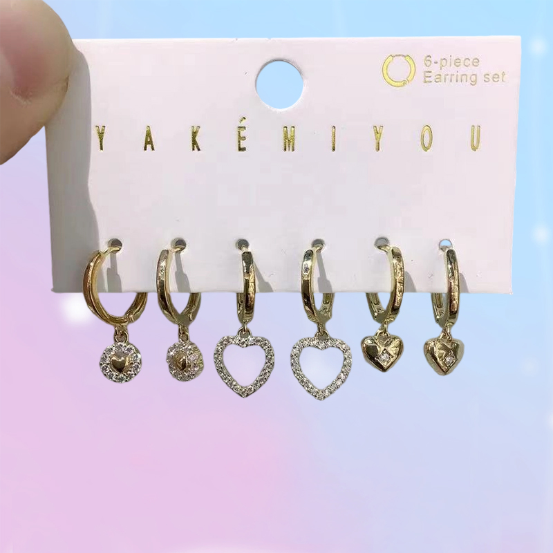 Juego De 6 Pendientes De Perla Con Forma De Corazón De Circonita Con Incrustaciones De Cobre