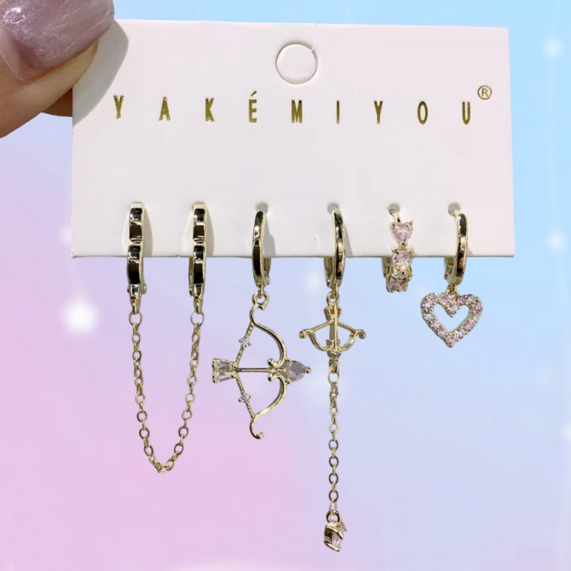 Juego De 6 Pendientes Con Forma De Flecha Y Corazón De Circonita Con Incrustaciones De Cobre