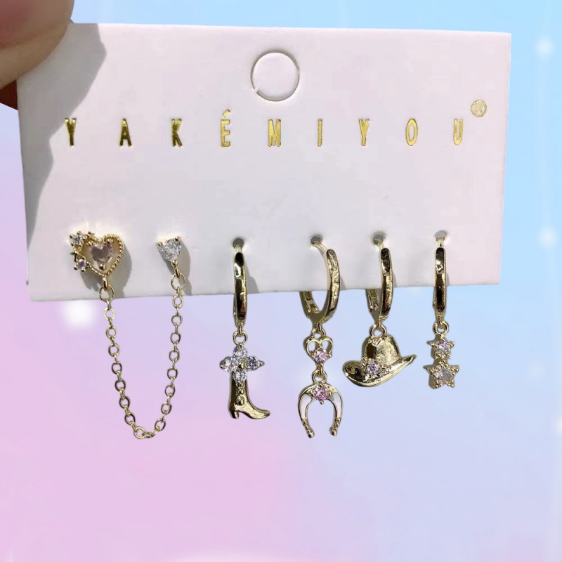 Conjunto De 6 Pendientes Cadena Botas Y Sombrero Con Incrustaciones De Circonitas De Cobre