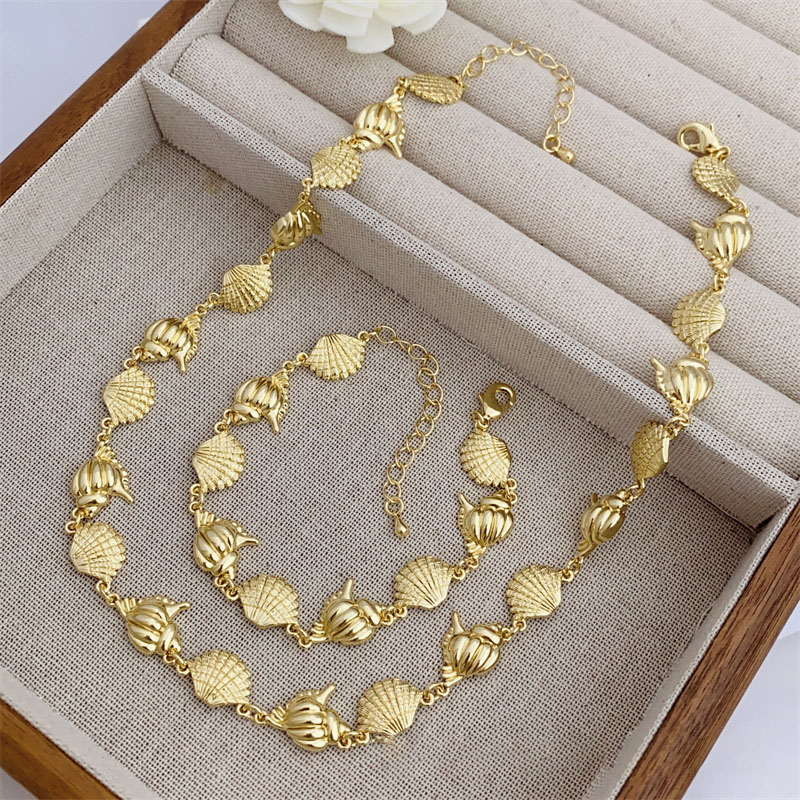 Conjunto De Collar Y Pulsera Con Diseño Geométrico De Concha Bañada En Oro Y Cobre