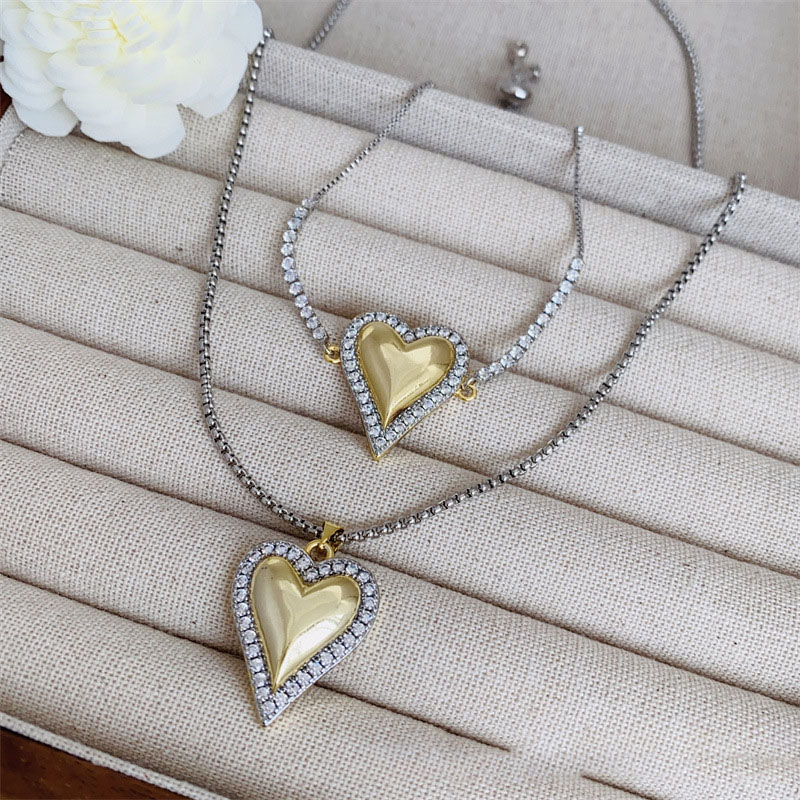Conjunto De Collar Y Pulsera Con Corazón De Diamantes En Oro Bañado En Cobre
