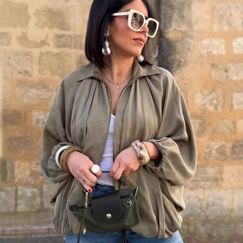 Green Polyester Lapel Pleated Jacket