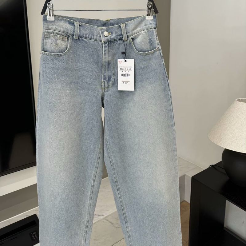 Light Blue Back Pocket Flower Rhinestones High Waist Straight Trousers