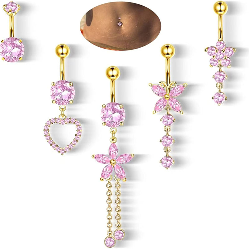 Silver Pink Diamond 5-piece Set Stainless Steel Diamond Heart Butterfly Flower Piercing Navel Nail Set