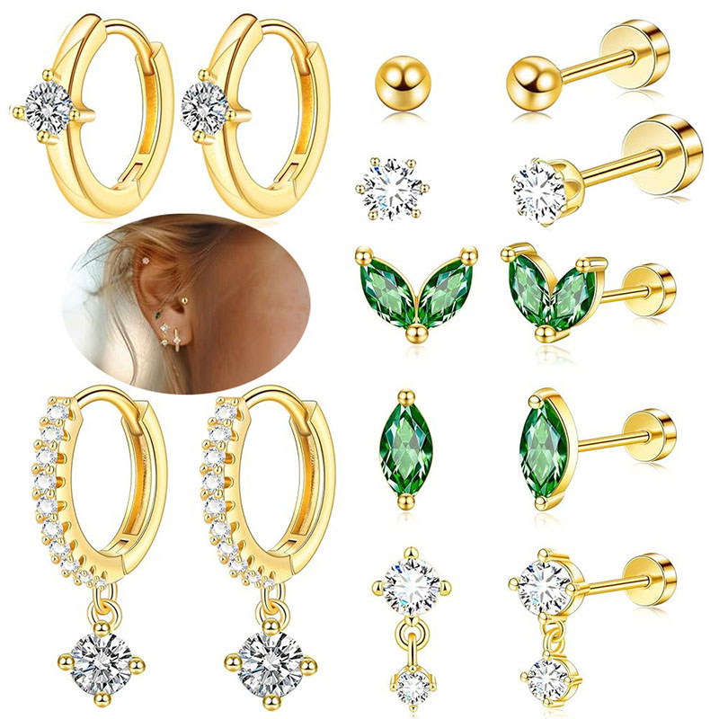 Silver 14 Pcs Set Stainless Steel Geometric Earring Set With Diamonds