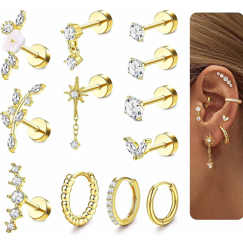 Silver 12 Pcs Stainless Steel Geometric Earring Set With Diamonds