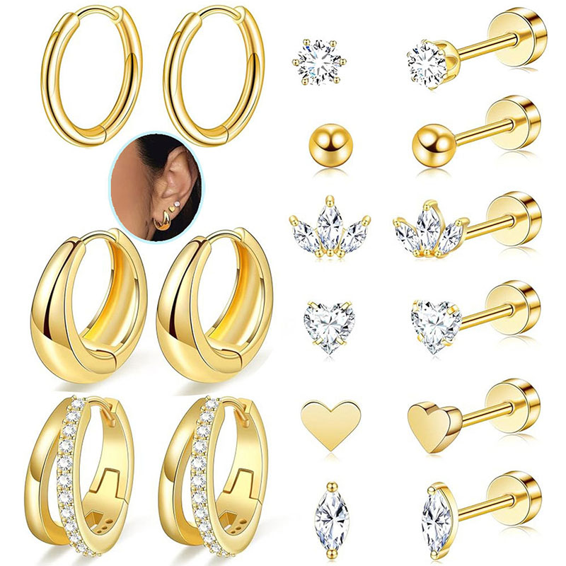 Gold 18 Pieces Per Set Stainless Steel Geometric Earring Set With Diamonds