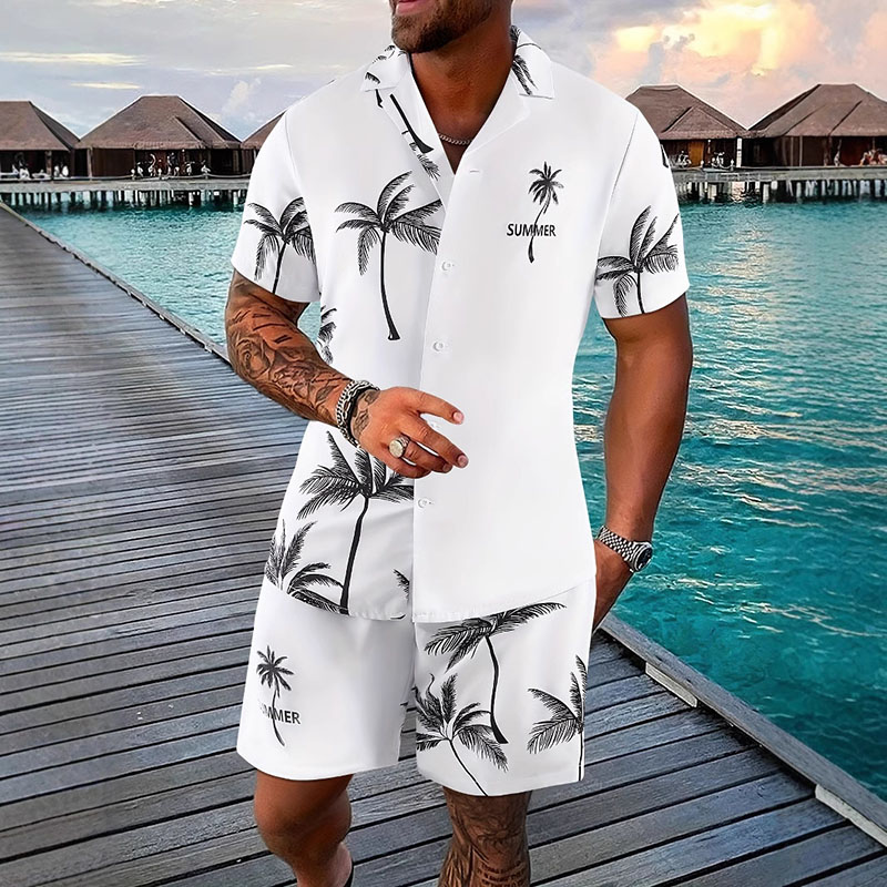 Set 25# Men's Blended Printed Lapel Shirt And Shorts Suit