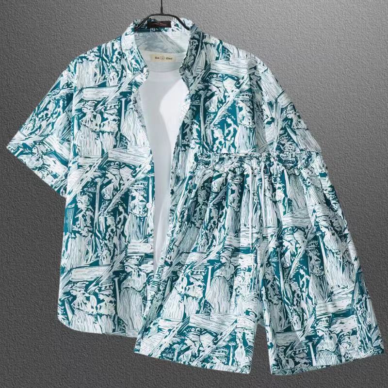 Set 21# Polyester Printed Lapel Shirt Shorts Set
