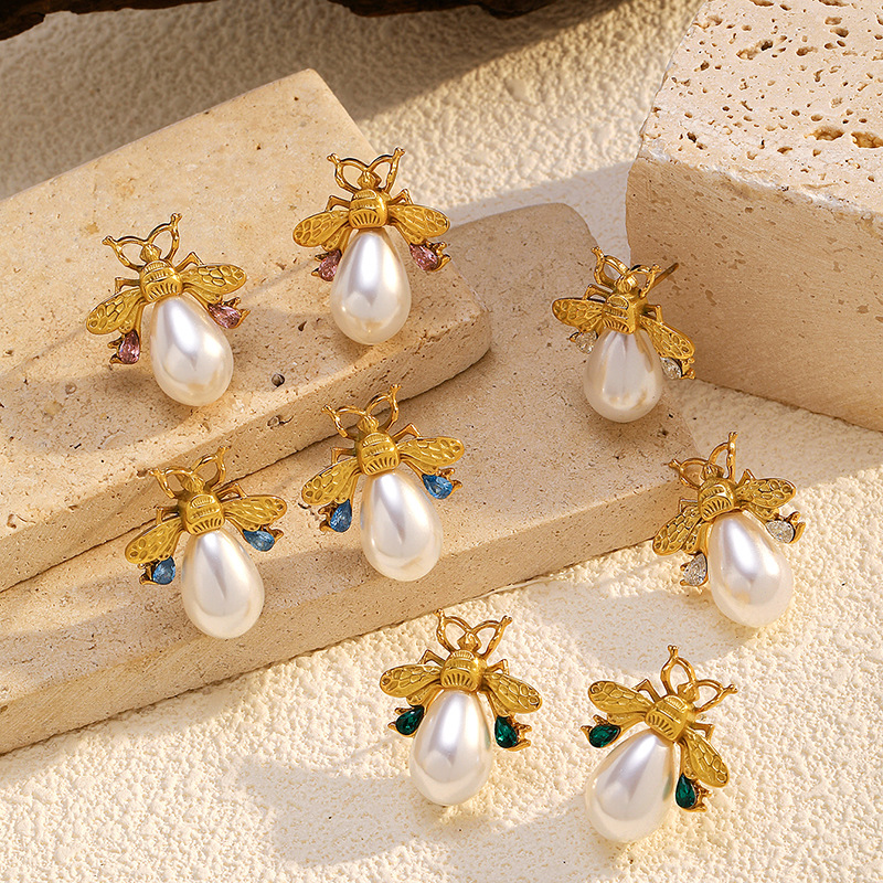 Blue Stainless Steel Diamond Pearl Bee Earrings
