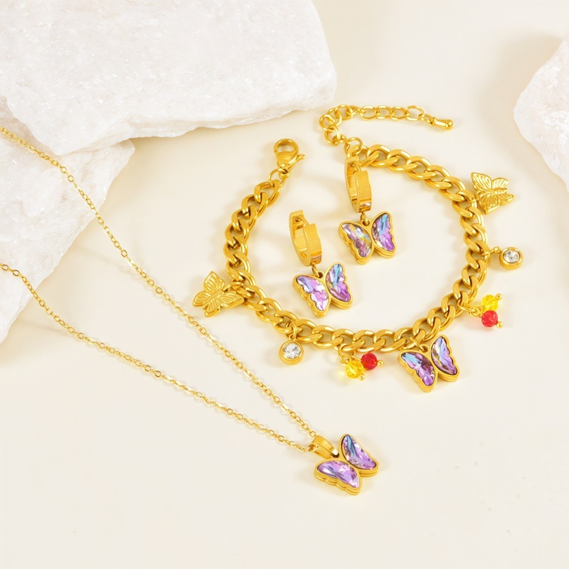 Two-piece Set Stainless Steel Diamond Butterfly Necklace Earring Set
