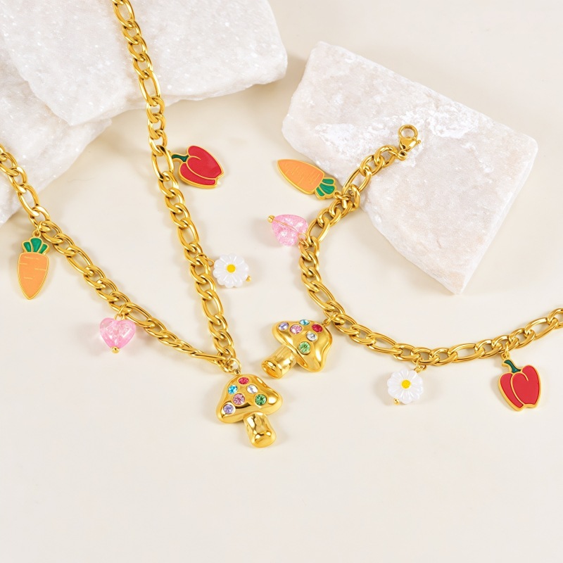 Necklace + Bracelet Stainless Steel Diamond Mushroom Heart Geometric Necklace Bracelet Set
