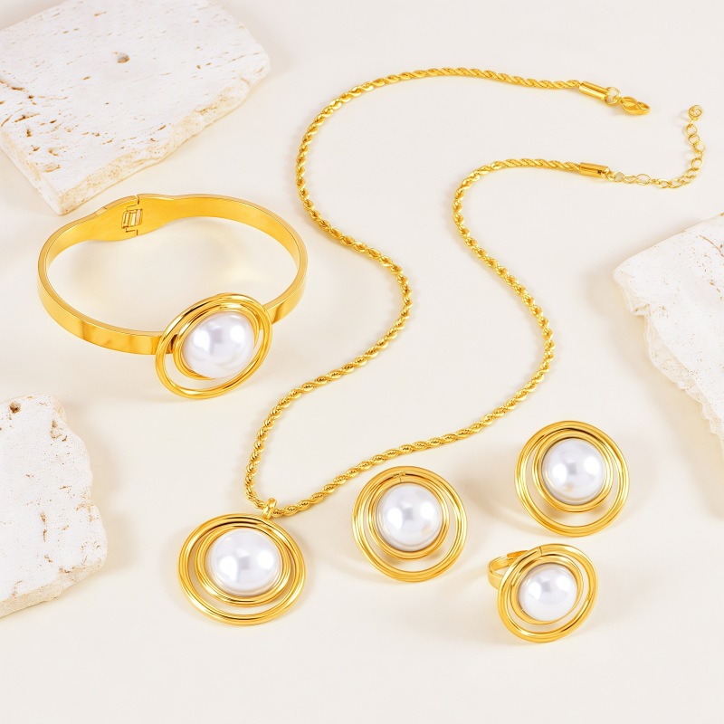 Four-piece Set Stainless Steel Pearl Necklace Bracelet Earring Ring Set