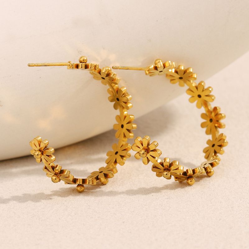 Pendientes De Acero Inoxidable Con Forma De C Y Flores
