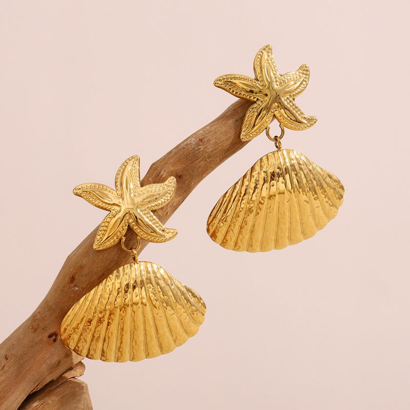 Pendientes De Concha De Estrella De Mar De Acero Inoxidable
