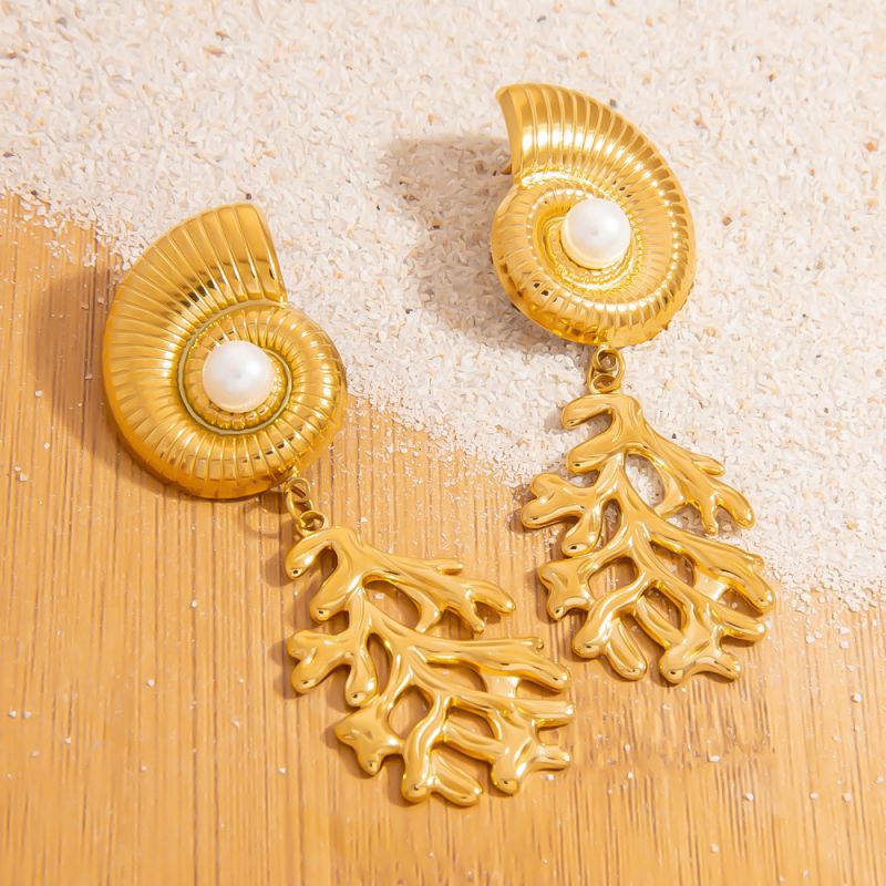 Pendientes De Coral De Concha De Acero Inoxidable