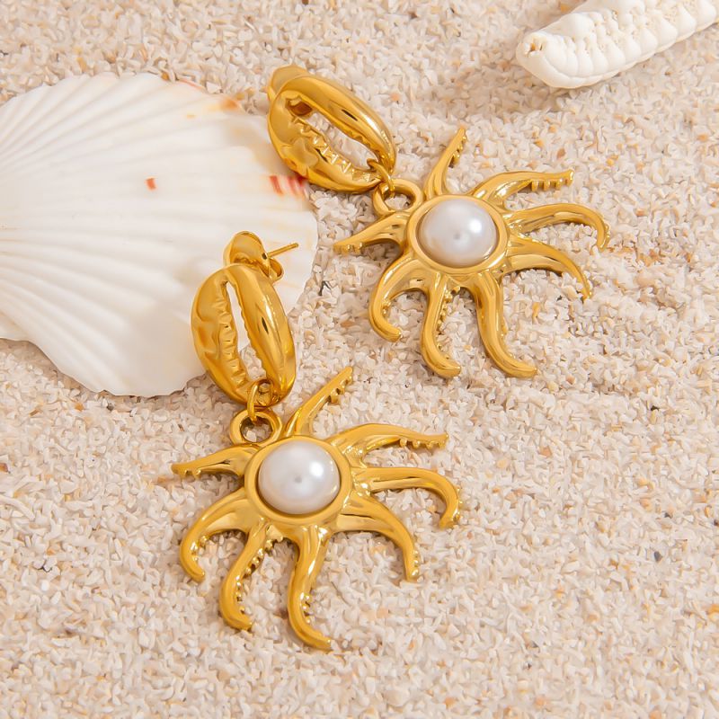 Pendientes De Sol Con Perla De Acero Inoxidable