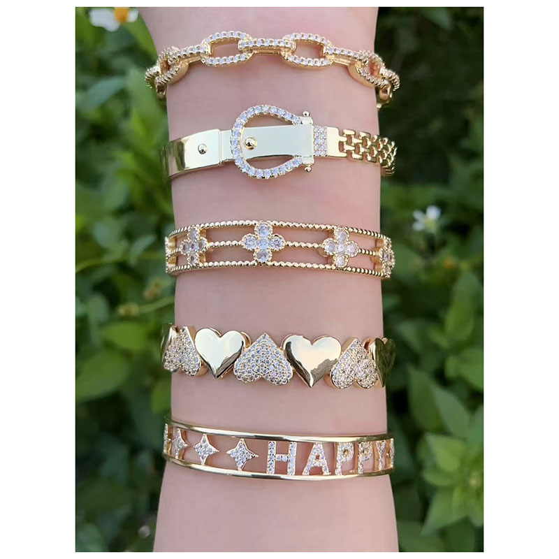 Gold 2 Copper Plated Gold Diamond Heart Four Leaf Flower Letter Bracelet