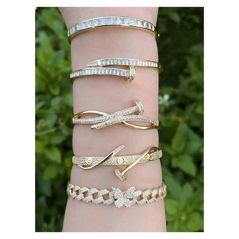 Gold 1 Copper Plated Gold Diamond Round Nail Geometric Bracelet